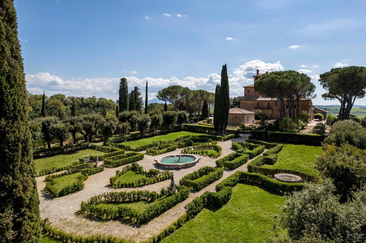 Aerial view of the formal Italian garden at Palazzo Massaini — luxury Tuscany wedding venue with Agape Weddings